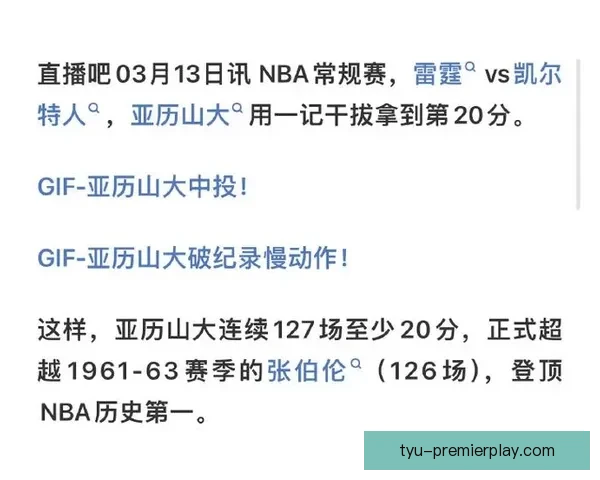 亚历山大连续127场20+刷新历史纪录